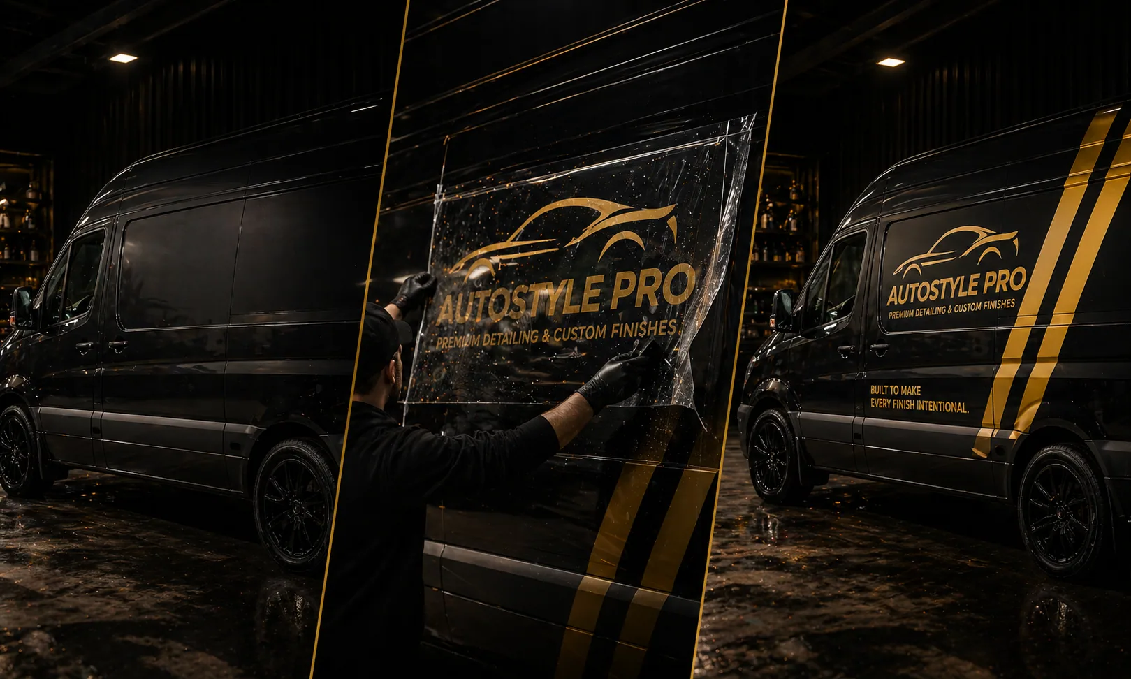 Black commercial van with gold Clinic Detail fleet lettering and stripe graphics on the side